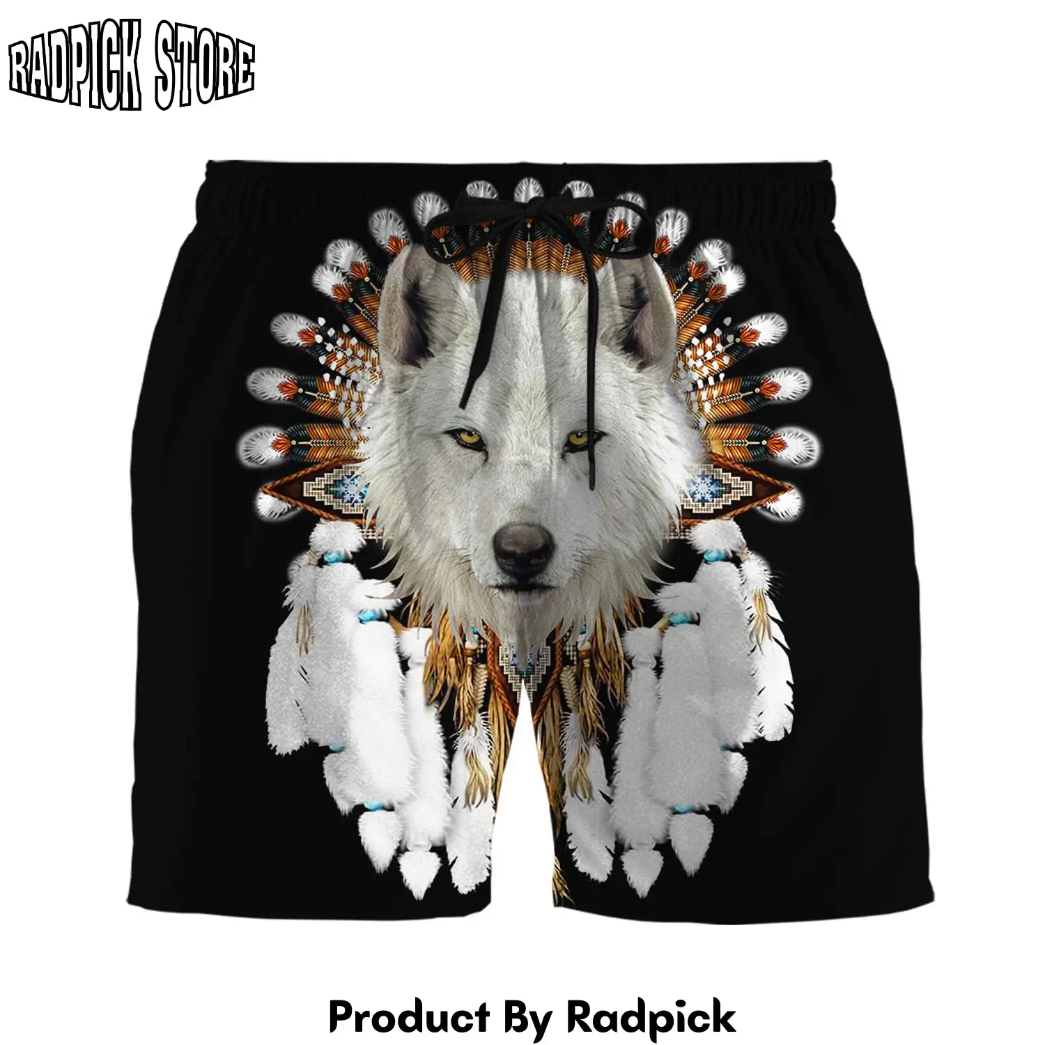 Radpick 3d native white wolf custom beach short rp631316